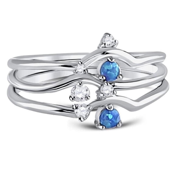 STERLING SILVER 3 BANDS RING WITH SMALL BLUE OPAL AND CLEAR CZ