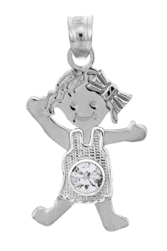STERLING SILVER BABY GIRL BIRTHSTONE CHARM W/ CLEAR CZ CRYSTAL :  14K