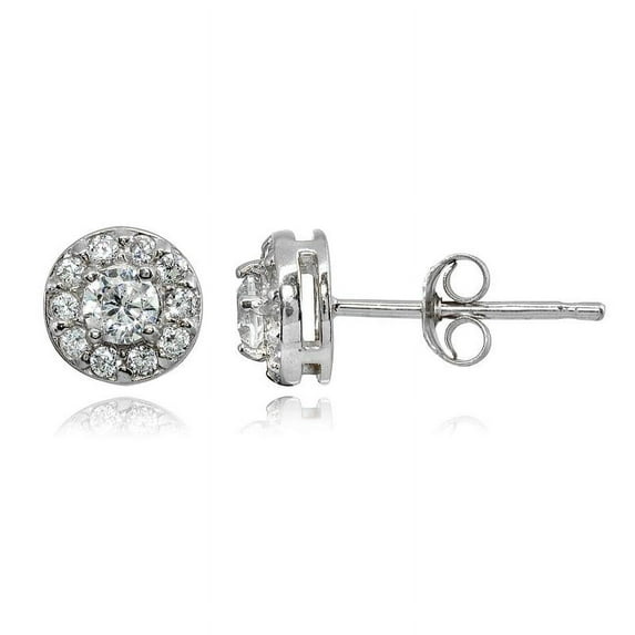 Sterling Silver CZ Round Halo Stud Earrings with Secure Post and Friction Backs