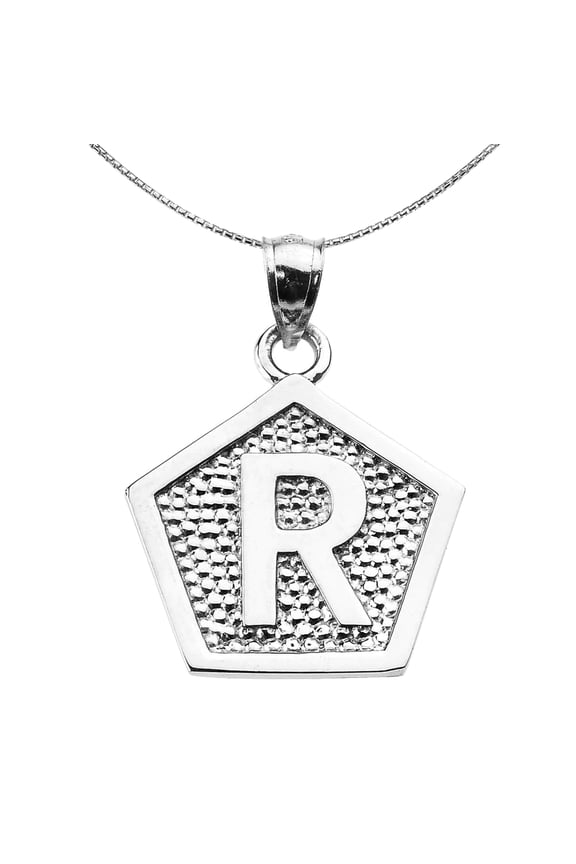 STERLING SILVER INITIAL "R" ENGRAVABLE PENTAGON SHAPE PENDANT NECKLACE : Pendant with 22" chain