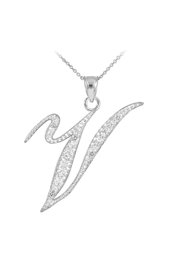 STERLING SILVER LETTER SCRIPT "V" CZ INITIAL NECKLACE :  22"