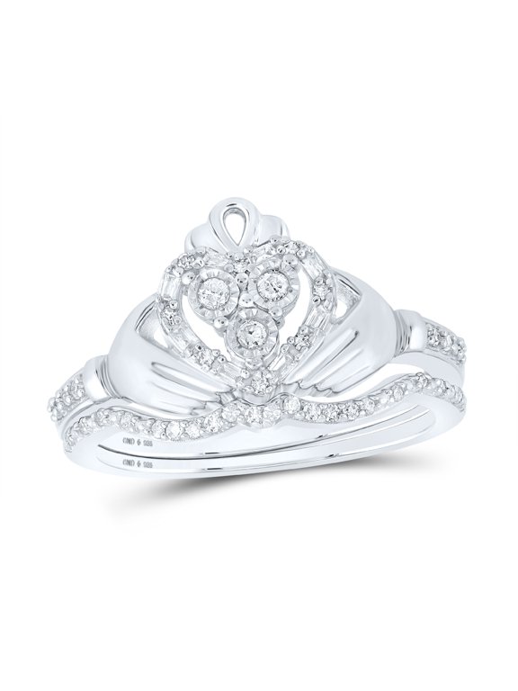 STERLING SILVER ROUND DIAMOND CLADDAGH BRIDAL WEDDING RING SET 1/5 CTTW