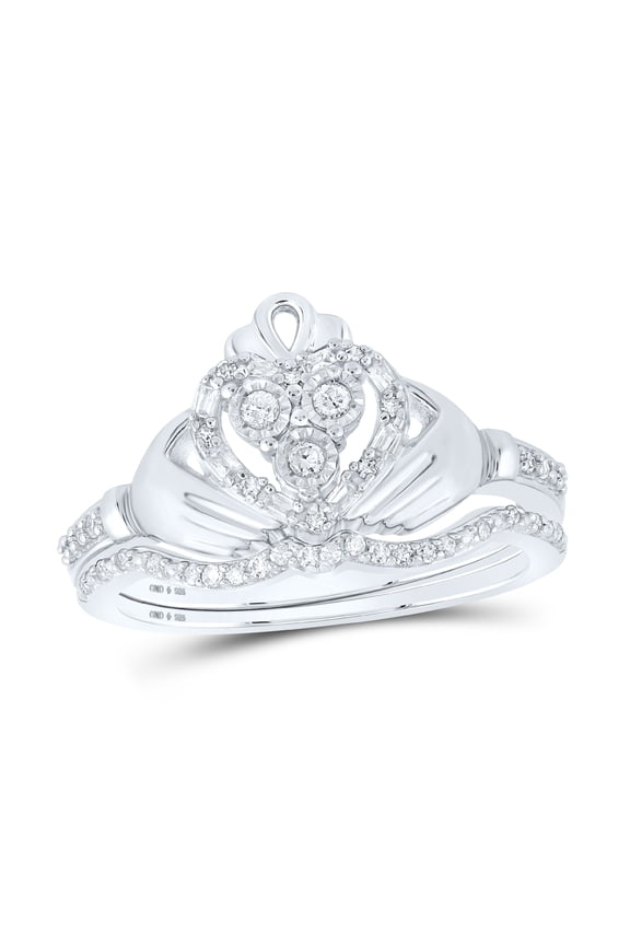 STERLING SILVER ROUND DIAMOND CLADDAGH BRIDAL WEDDING RING SET 1/5 CTTW