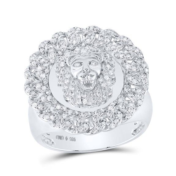 STERLING SILVER ROUND DIAMOND LION CUBAN LINK CIRCLE RING 3/4 CTTW