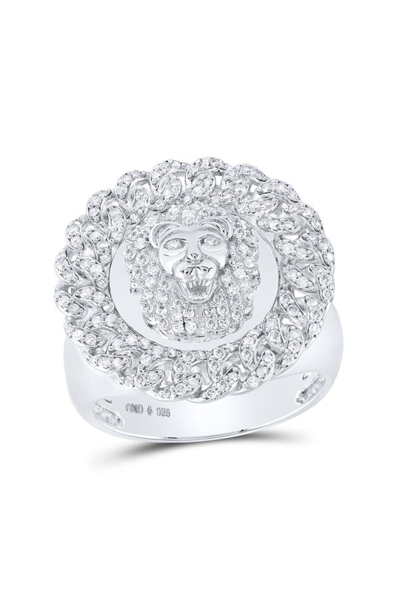 STERLING SILVER ROUND DIAMOND LION CUBAN LINK CIRCLE RING 3/4 CTTW