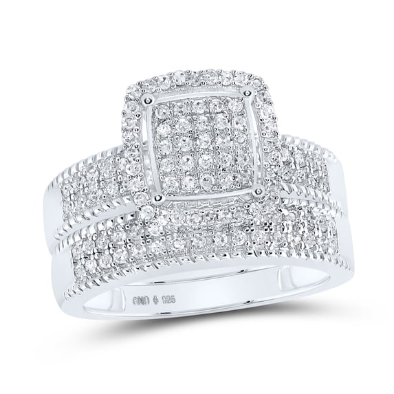 STERLING SILVER ROUND DIAMOND SQUARE MATCHING WEDDING RING SET 7/8 CTTW