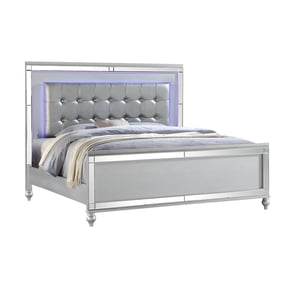 STERLING Silver Full Size Upholstered LED Bed with Crystal Tufted Headboard, Wood Frame, No Box Spring Required