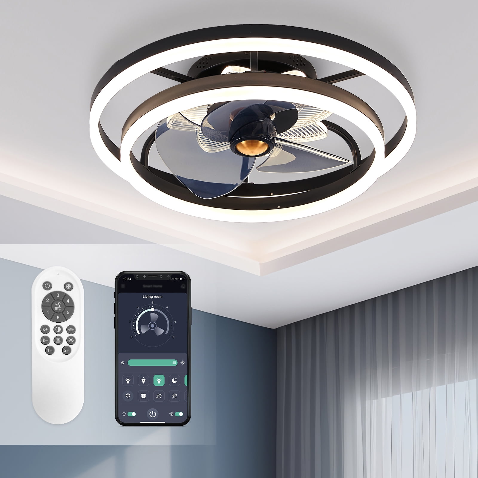 Black Low Profile 20" Ceiling Fan with Light and Remote