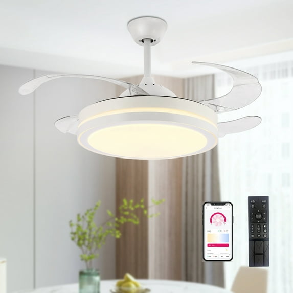 STERREN 42'' White Modern LED Downrod Bedroom Retractable Bladeless LED Ceiling Fan