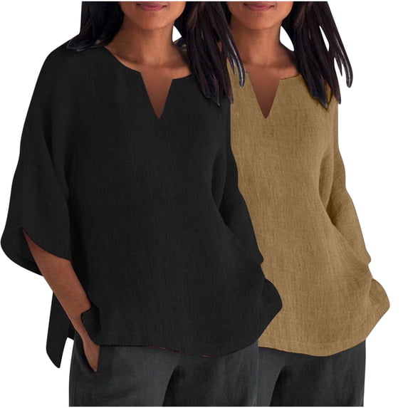 STETMN 2 PC Oversized Cotton Linen Top for Women Solid 3/4 Sleeve T-shirt V Neck Loose Summer Tee