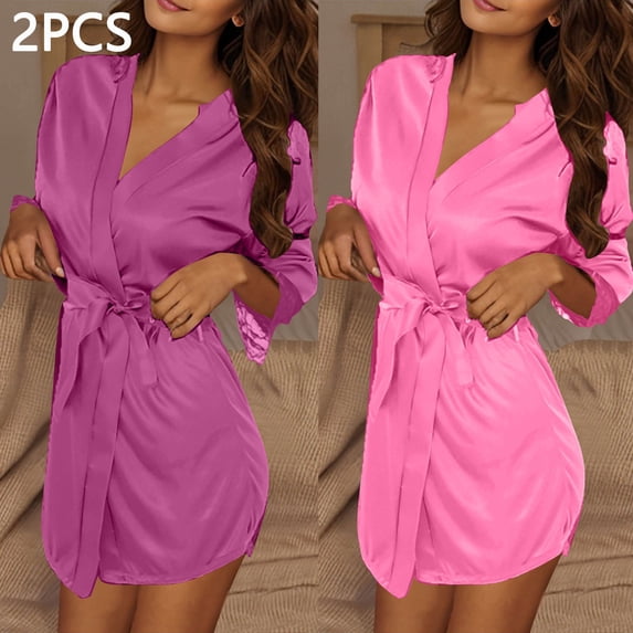 STETMN 2Pcs Women's 3/4 Sleeve Satin Robe Bridesmaid Bride Lace Trim V-Neck Kimono Sleepwear Robes