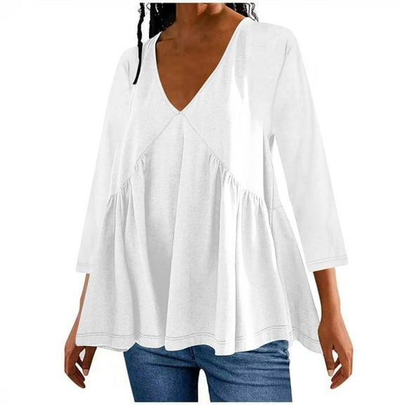 STETMN 3/4 Sleeve Shirts for Women V Neck Pleated Dressy Babydoll Pullover Tops Fall Casual Loose Tee
