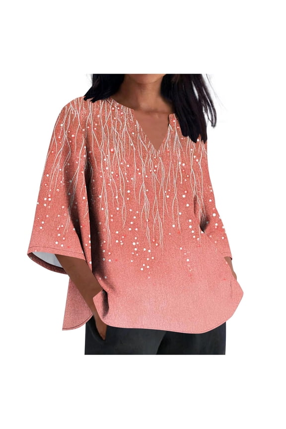 3/4 Sleeve Top for Women Wrap Tie Embroidery Shirt Cotton Linen Summer Loose Tee