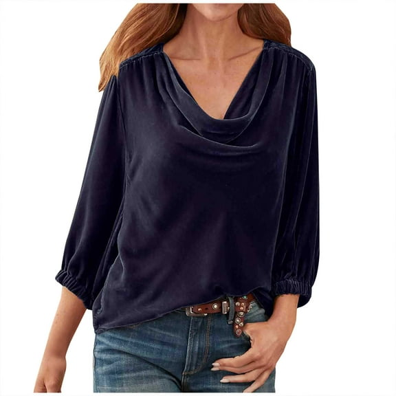 STETMN 3/4 Sleeve Velvet Tops for Women Elegant Cowl Neck Shirt Fall Loose Trendy Party Clothes