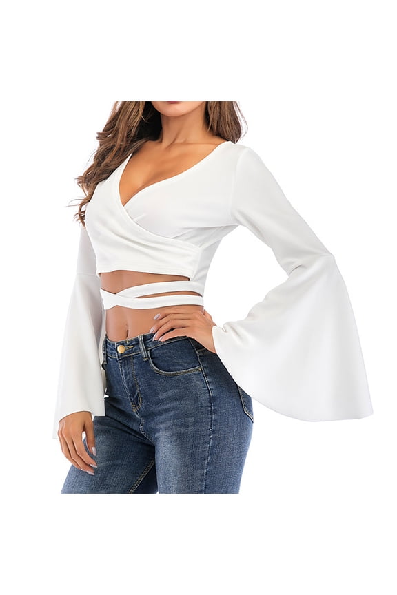 Bell Sleeve Tops for Women Sexy Deep V Neck Wrap Shirt Slim Criss Cross Crop T-Shirt