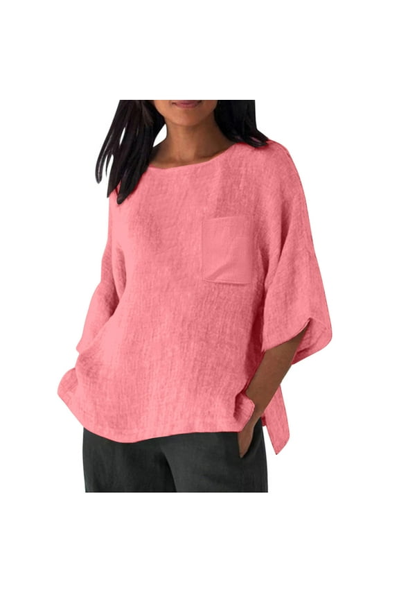 Boat Neck Tops for Women Casual 3/4 Sleeve Cotton Linen Blouse Lightweight Plain Shirt