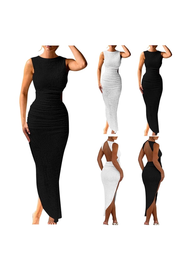 Bodycon Long Dresses for Women Boat Neck Tight Corset Party Dress Slit Hem Sleeveless Dresses