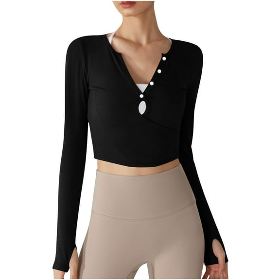 STETMN Button Round Neck Tops for Women Crop Long Sleeve Sun Protection T-Shirt Fall Slim Workout Shirts