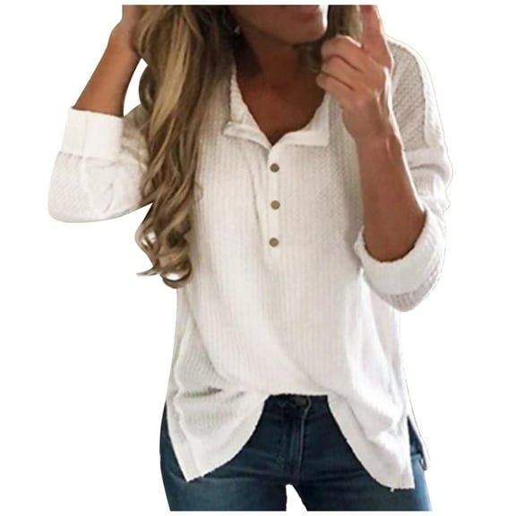 STETMN Button V Neck Blouses for Women Casual Ribbed Knit Shirts Loose Side Slit T-Shirts
