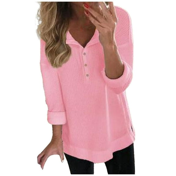 STETMN Button V Neck Blouses for Women Casual Ribbed Knit Shirts Loose Side Slit T-Shirts
