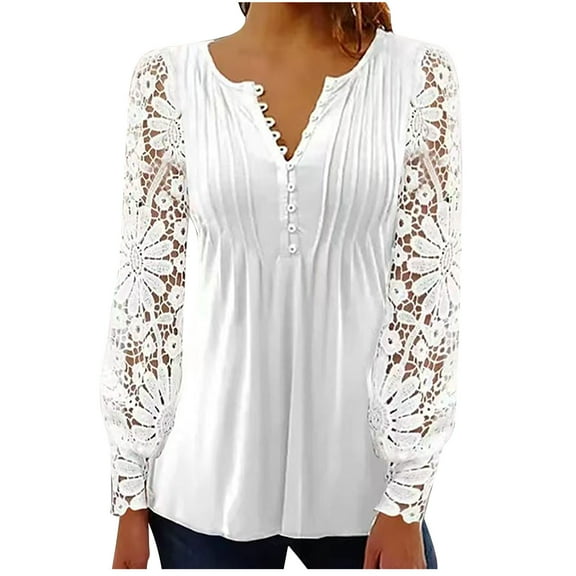 STETMN Button V Neck Tops for Women Eyelet Patch Long Sleeve Shirt Casual Elegant Pleated T-Shirt