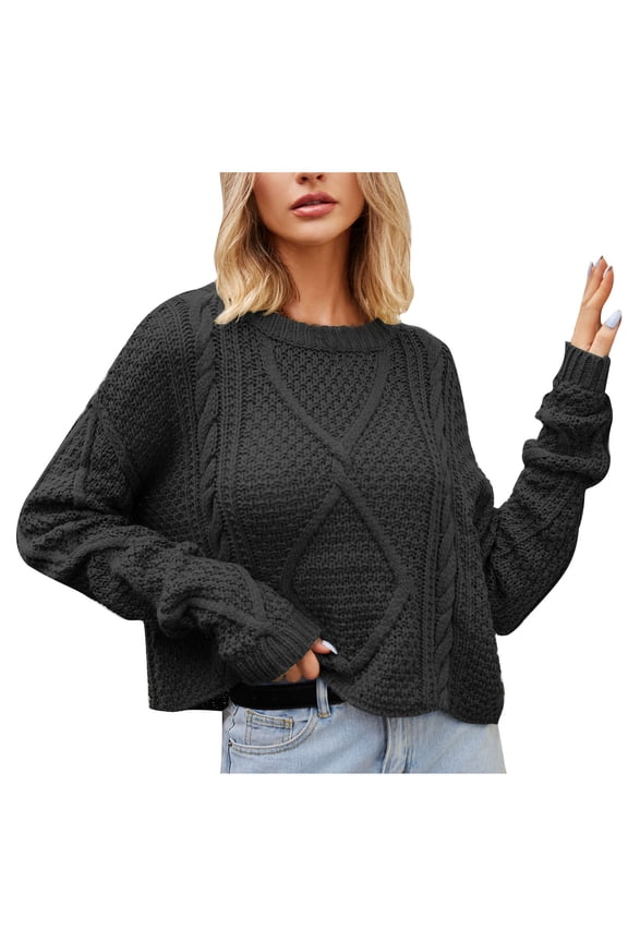 Cable Knit Sweater for Women Oversized Crop Long Sleeve Tops Casual Comfy Thermal Shirts