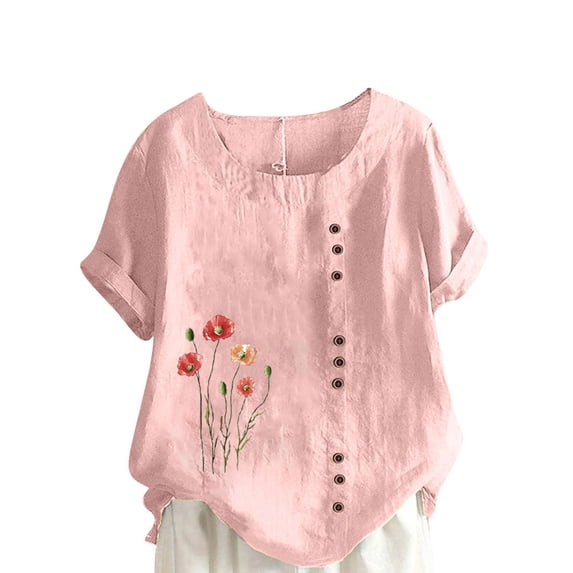 STETMN Casual Cotton Linen T-shirt for Women Crewneck Floral Print Top Short Sleeve Lightweight Tee