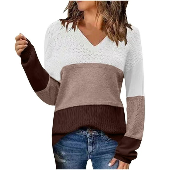 STETMN Color Block Sweaters for Women Comfy V Neck Eyelet Knitwear Tops Fall Loose Lightweight Pullover Shirt