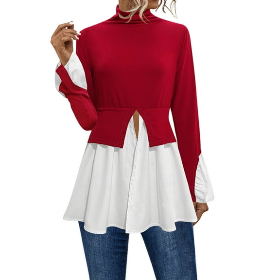 STETMN Color Block Tops for Women Mock Turtleneck 2 in 1 Shirt Long Sleeve Crop Peplum Blouse