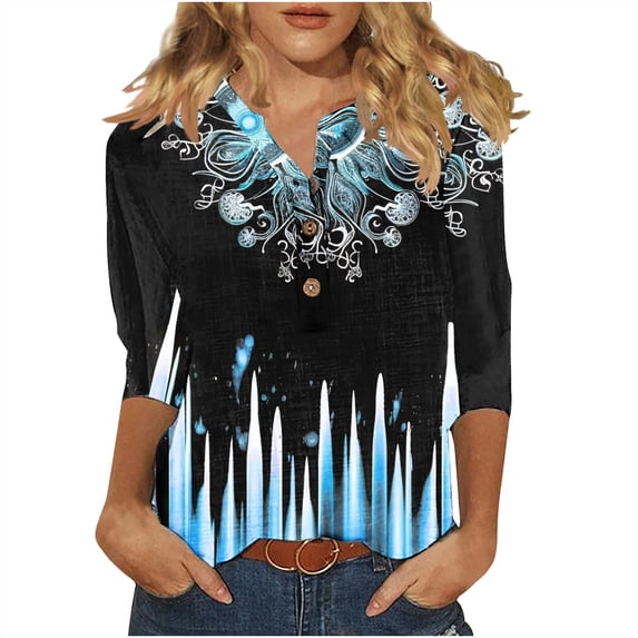 STETMN Cotton Linen Summer Top for Women 3/4 Sleeve Casual Tee Button V Neck Tee