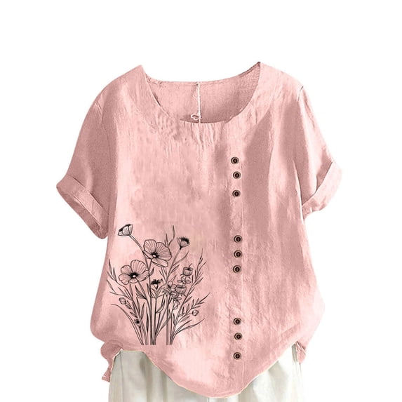 STETMN Cotton Linen Top for Women Crewneck Casual Tee Short Sleeve Loose Lightweight Summer Tops