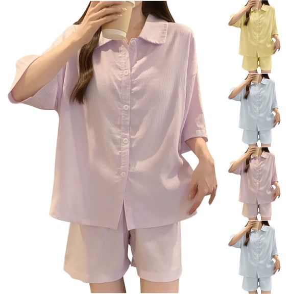 STETMN Cotton Pajamas Set for Women Button Up 3/4 Sleeve Tops Loose Shorts Casual Lightweight Sleepwear Outfits