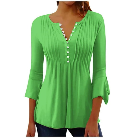 STETMN Cotton T Shirts Womens V Neck 3/4 Sleeve Button Down Tops Casual Loose Pleated Blouse