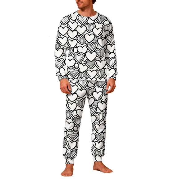 STETMN Cozy Valentine's Sleep Set Men's Matching Couple Pajamas Heart Long Sleeve Top Baggy Pants