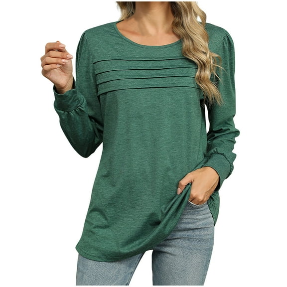 STETMN Crew Neck T-Shirt for Women Casual Solid Long Sleeve Shirts Fall Loose Textured Trendy Top