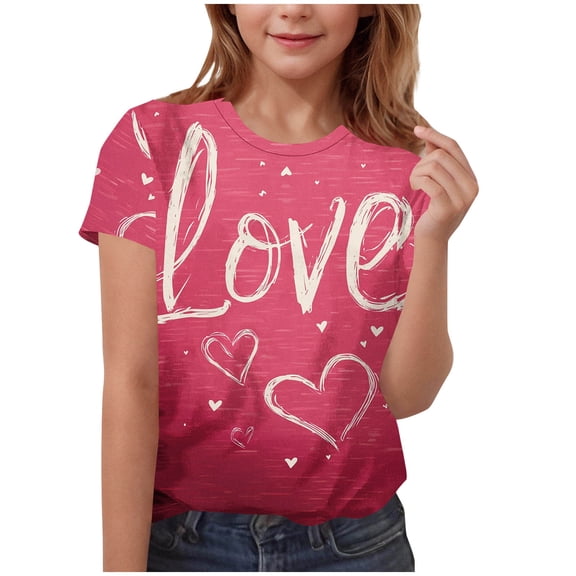 STETMN Cute Heart Print Valentine's Day T-Shirt for Girls - Short Sleeve Casual Top (Size 3-15Y)