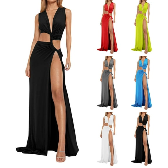 STETMN Deep V Neck Dresses for Women Hollow Out Waist Sexy Dress High Slit Cocktail Party Dresses