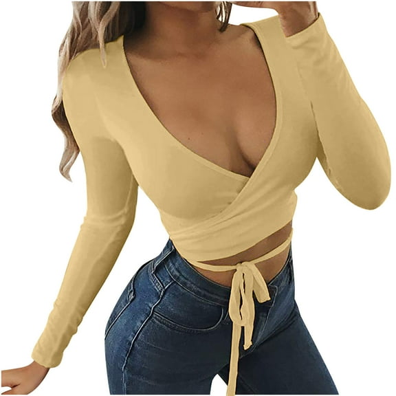 STETMN Deep V Neck Slim Tops for Women Sexy Crop Wrap T-Shirt Tie Front Fall Shirt