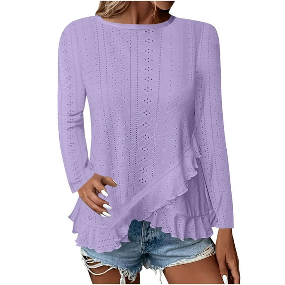 STETMN Eyelet Women's Long Sleeve Tops Ruffle Hem Tunic Shirts Crew Neck Trendy Casual Fall Clothes