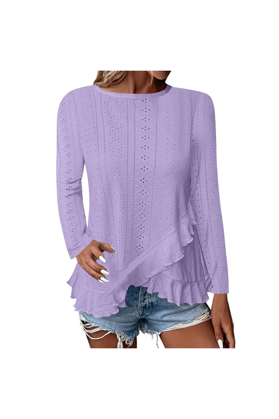 Eyelet Women's Long Sleeve Tops Ruffle Hem Tunic Shirts Crew Neck Trendy Casual Fall Clothes
