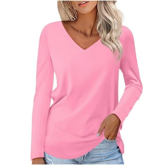STETMN Fall Basic Top for Women Casual Solid V Neck T-Shirt Loose Lightweight Trendy Layer Shirts