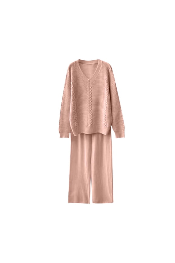 Fall Warm 2 Piece Outfits for Women Cable Knit Sweater Loose Wide Leg Pants Casual Sets