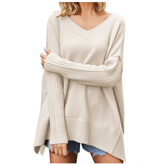 STETMN Plus Size Sweaters for Women V Neck Side Slit Long Sleeve Knit Pullover Tops Casual Fall Clothes