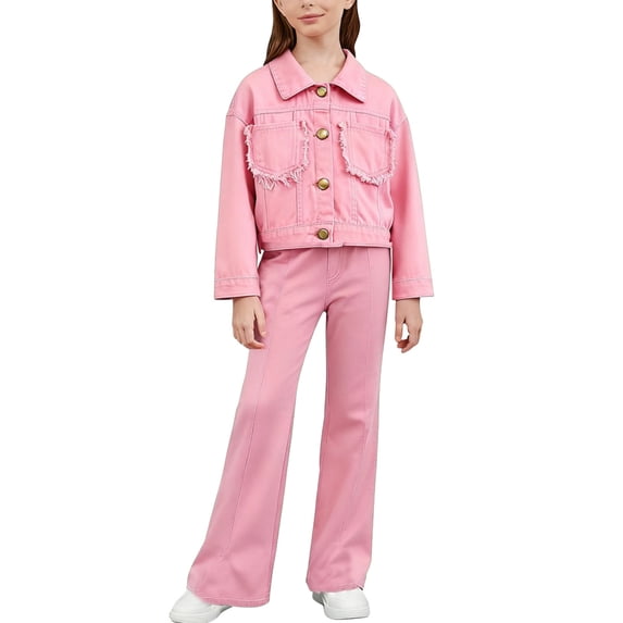 STETMN Girl's 2 Piece Casual Outfits Ripped Button Up Jacket Baggy Denim Pant Set for 3-13Y Kids