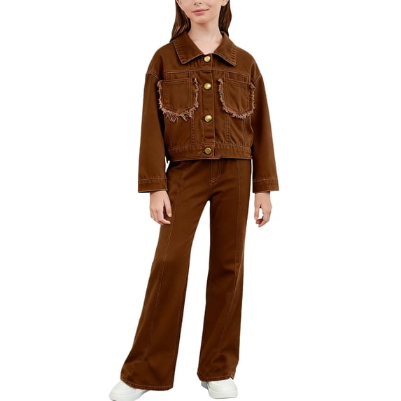 STETMN Girl's 2 Piece Casual Outfits Ripped Button Up Jacket Baggy Denim Pant Set for 3-13Y Kids