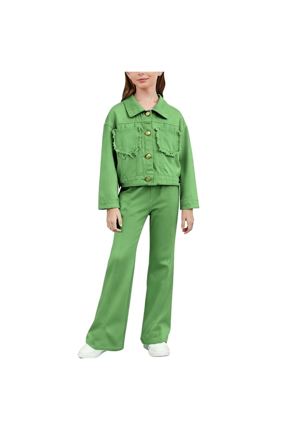 Girl's 2 Piece Casual Outfits Ripped Button Up Jacket Baggy Denim Pant Set for 3-13Y Kids