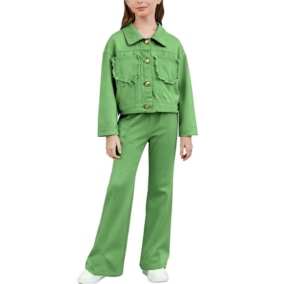 STETMN Girl's 2 Piece Casual Outfits Ripped Button Up Jacket Baggy Denim Pant Set for 3-13Y Kids