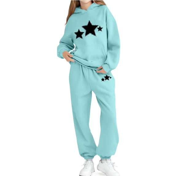 STETMN Girls 2 Piece Lounge Set Oversized Star Print Hoodies Baggy Sweatpants with Pockets Soft Comfy Spring Outfit for Kids