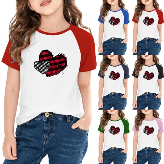 STETMN Girls' Short Sleeve Valentine's Day T-Shirt - Cute Love Heart Graphic Casual Basic Tee