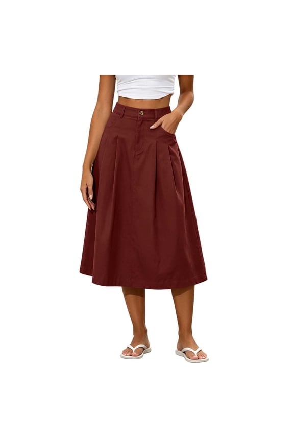 High Waist Midi Skirt for Women, A-Line Workwear Skirt with Pockets for Office Casual Pleated Skirt
